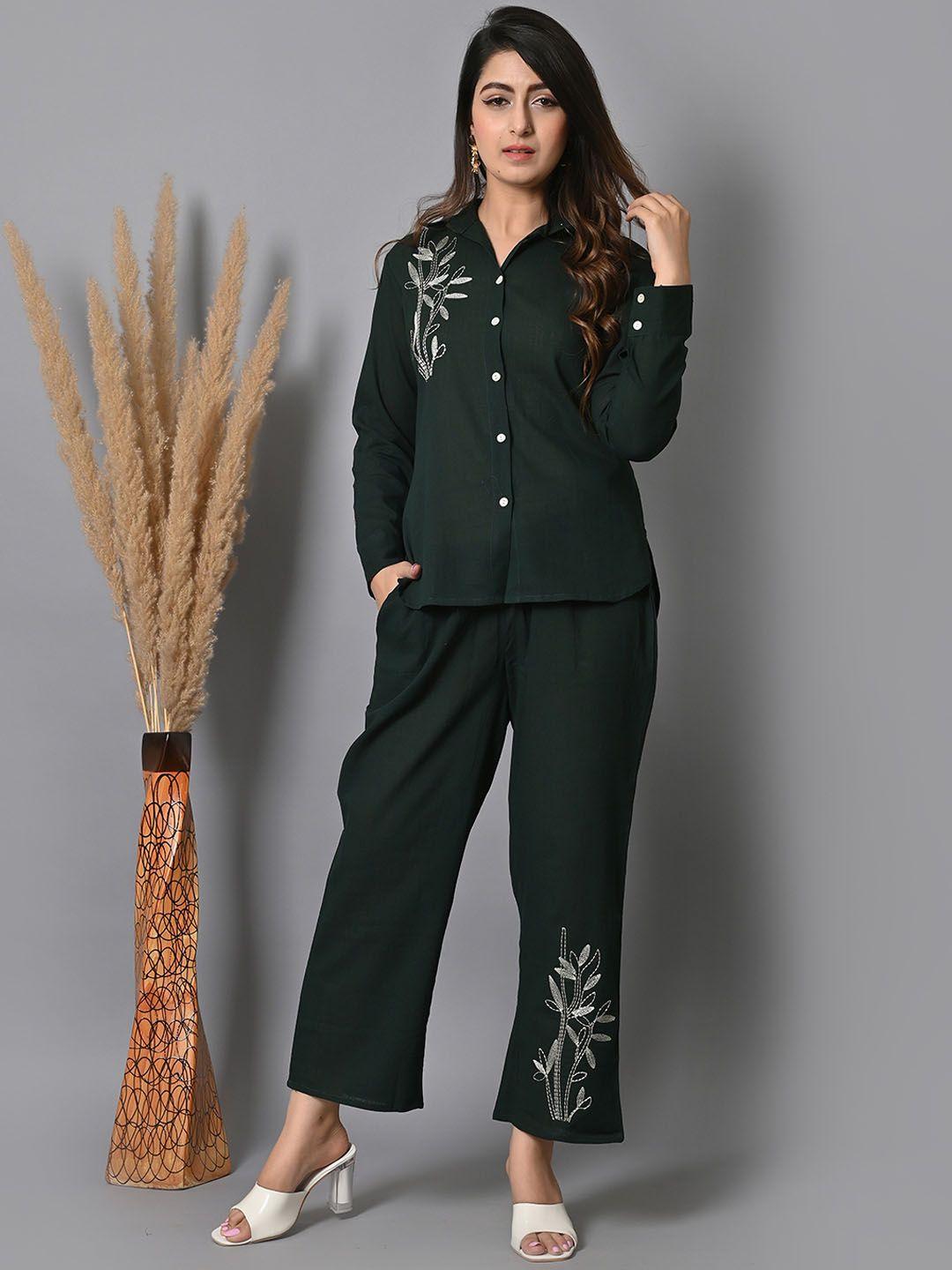 iqraar floral embroidered cuffed sleeves high low shirt & trouser