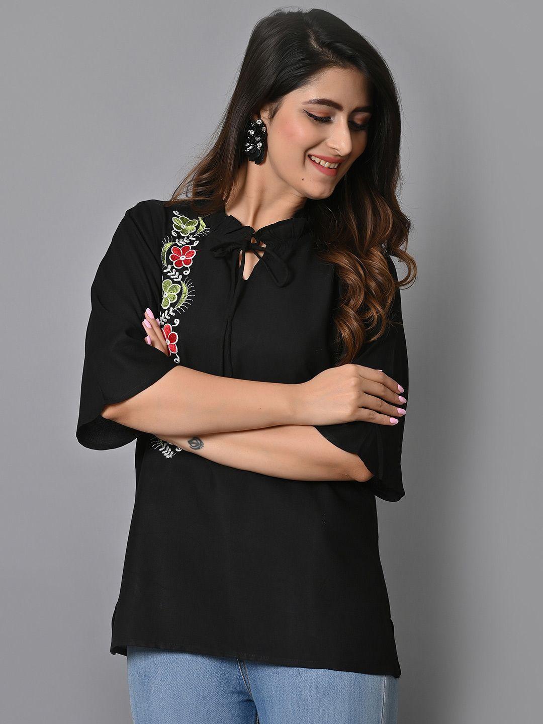 iqraar floral embroidered tie-up neck flared sleeves top