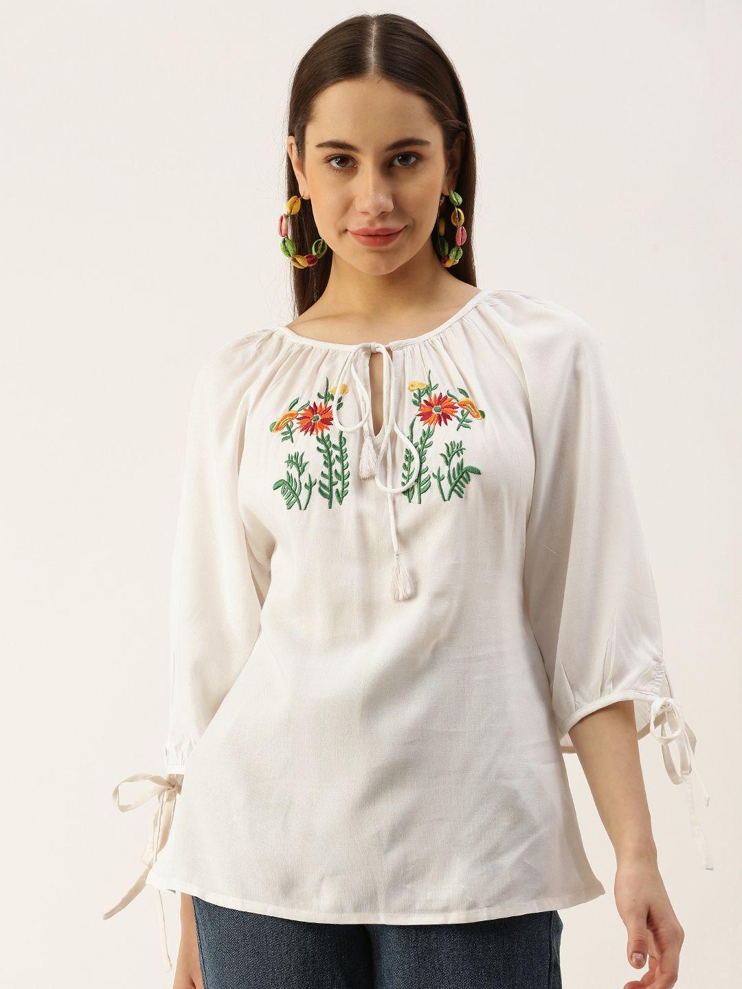 iqraar floral embroidered tie-up neck longline top