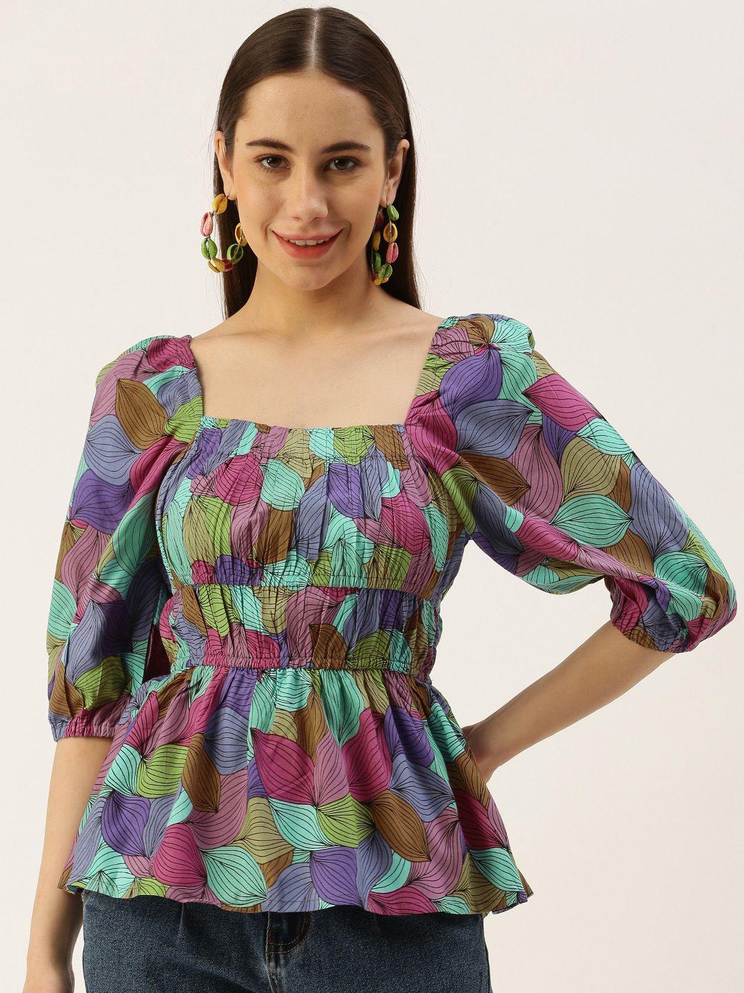 iqraar floral print square neck top with pleated detail