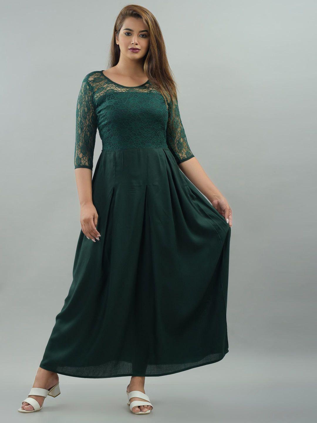 iqraar green embroidered fit and flare maxi dress