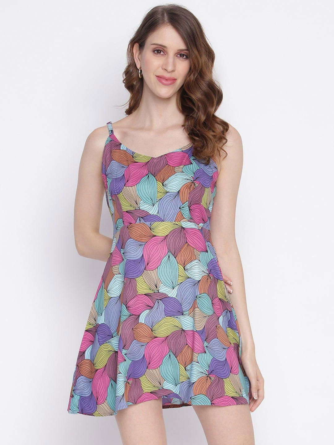 iqraar multicoloured printed fit & flare mini dress