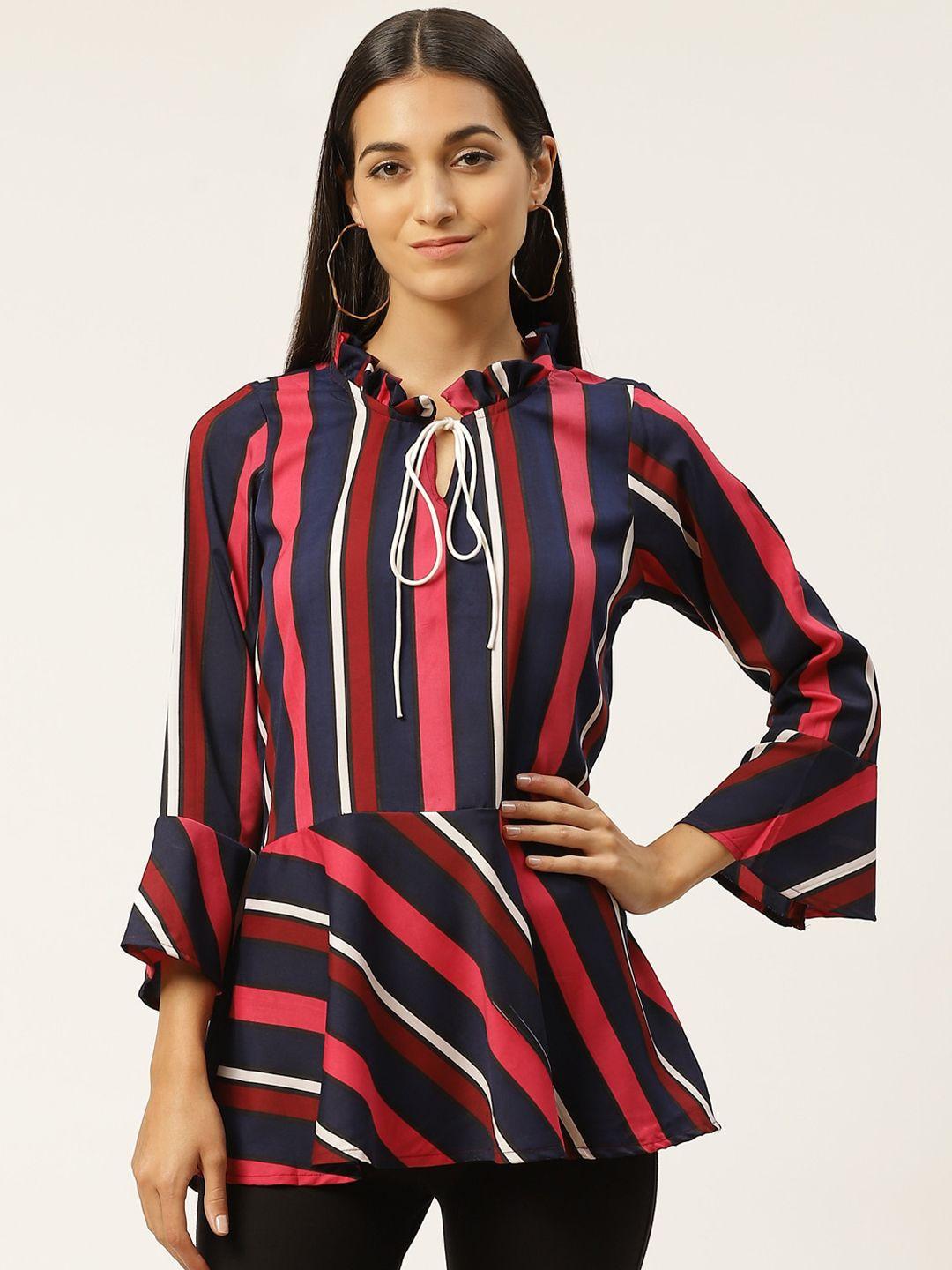 iqraar multicoloured striped tie-up neck peplum top