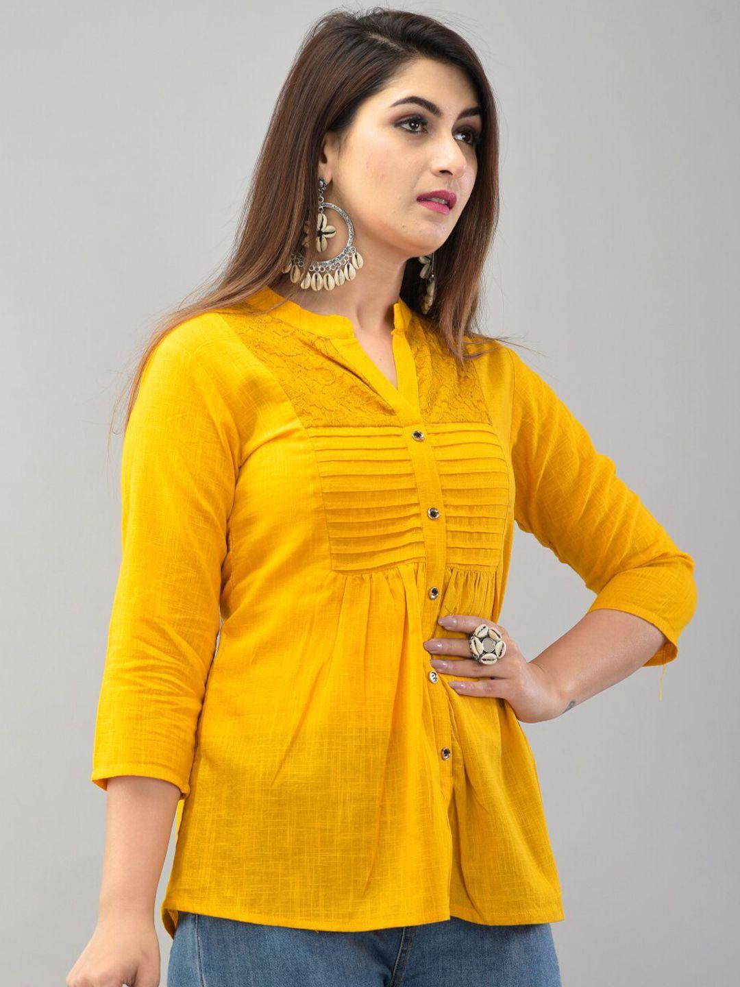 iqraar mustard yellow mandarin collar lace inserted pure cotton shirt style top