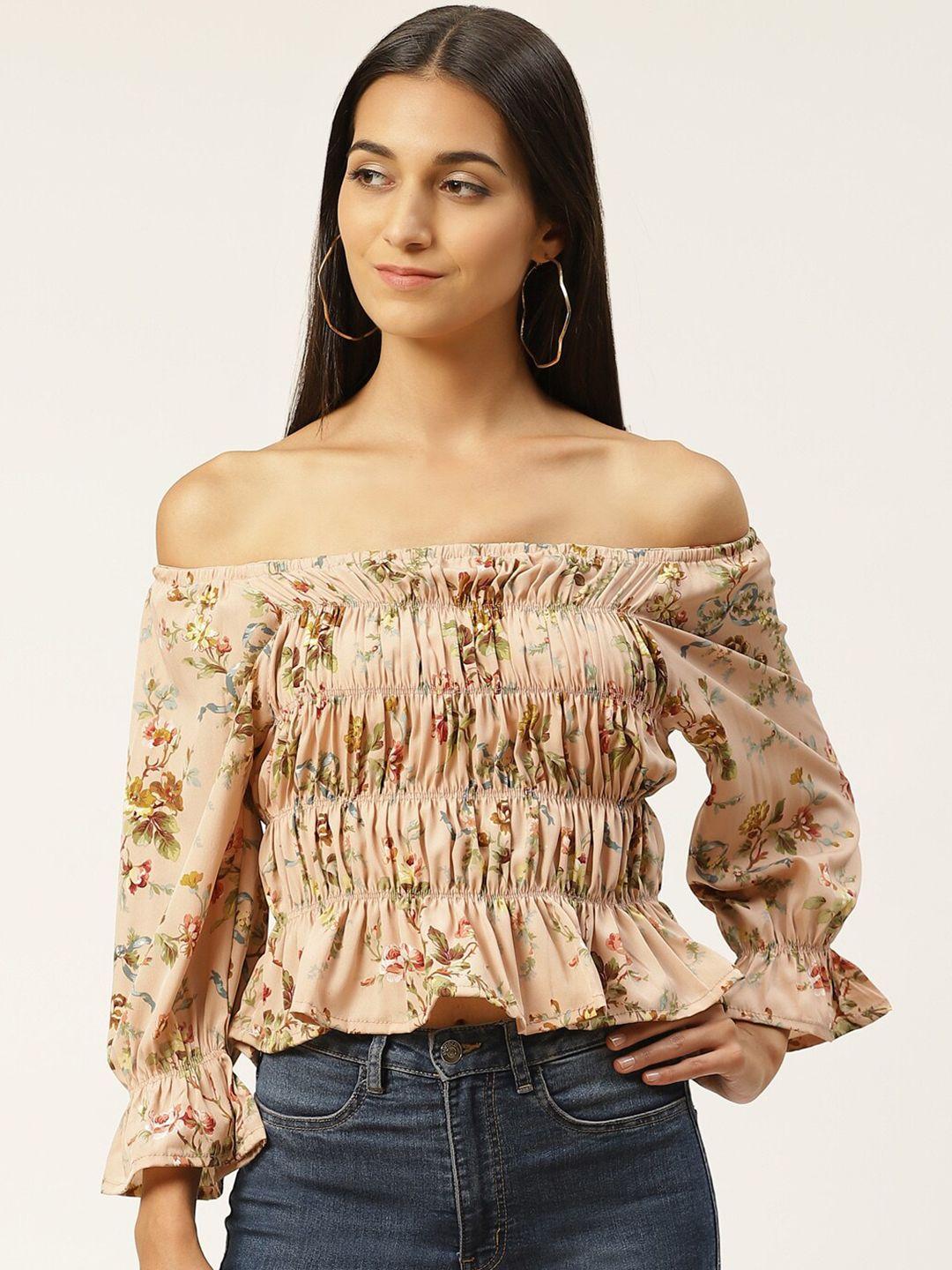 iqraar orange floral print off-shoulder bardot top