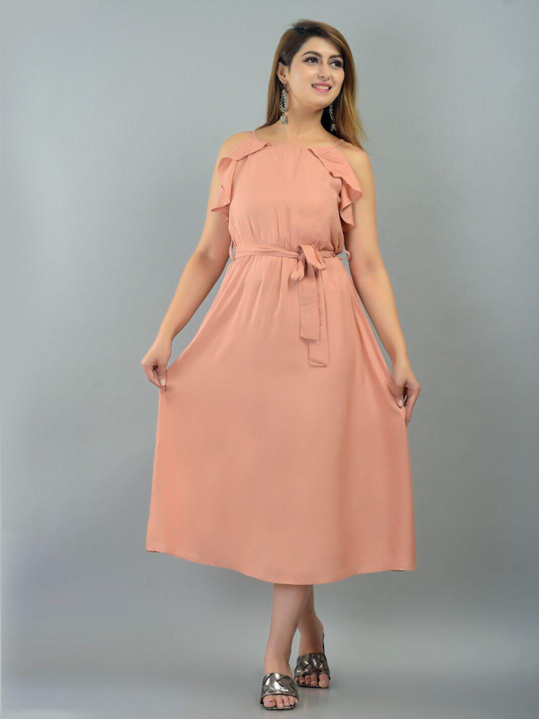 iqraar peach-coloured off-shoulder midi dress