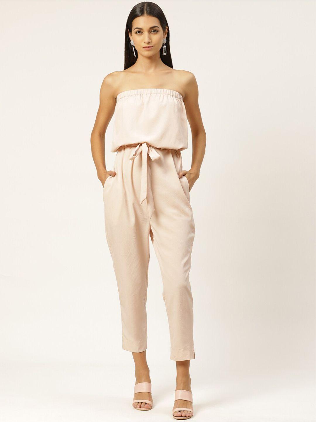 iqraar peach-coloured strapless belted basic jumpsuit