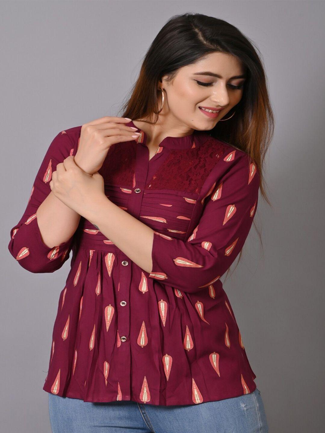 iqraar purple & claret print mandarin collar shirt style top