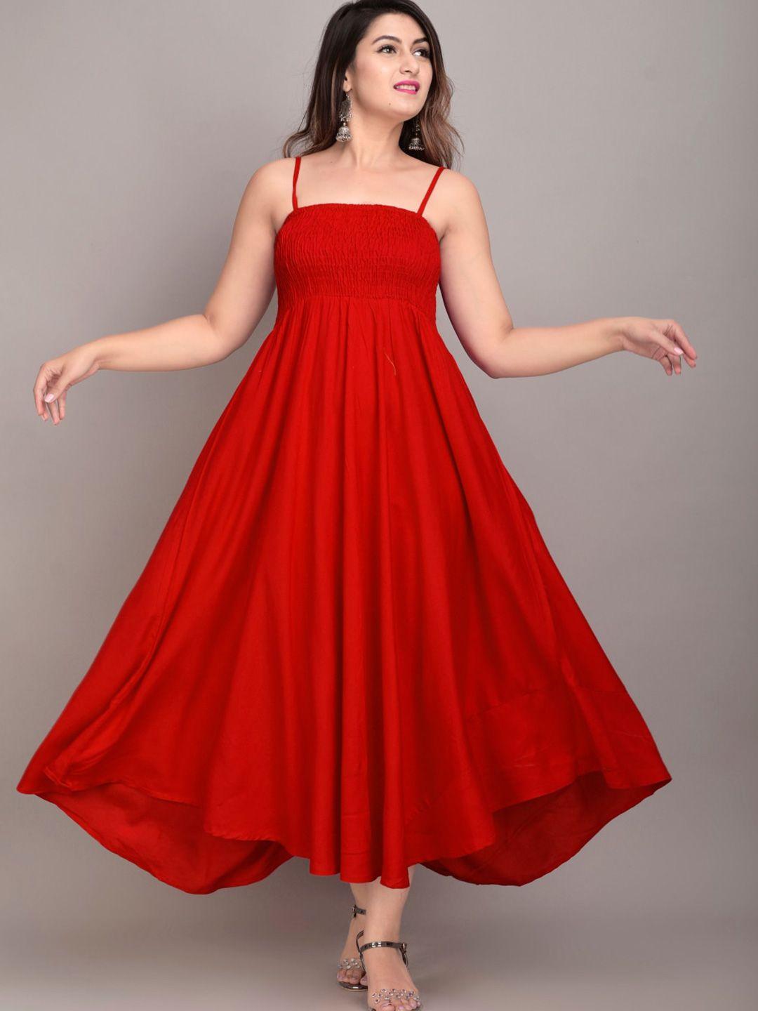 iqraar red solid smocked maxi dress