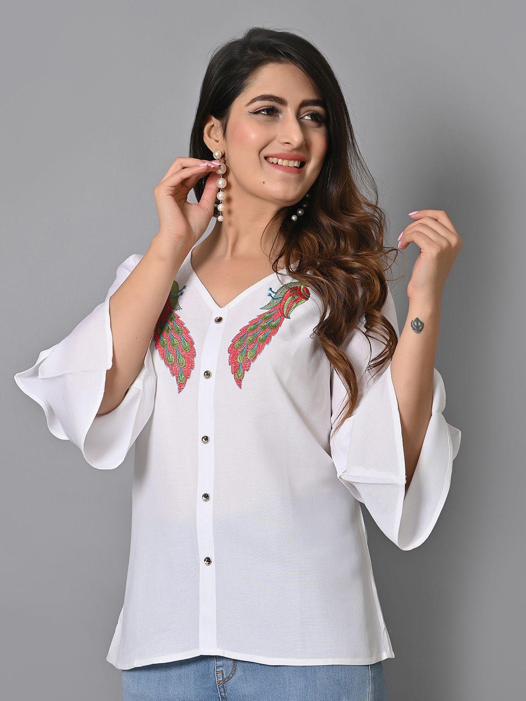 iqraar self design embroidered v-neck bell sleeves shirt style top