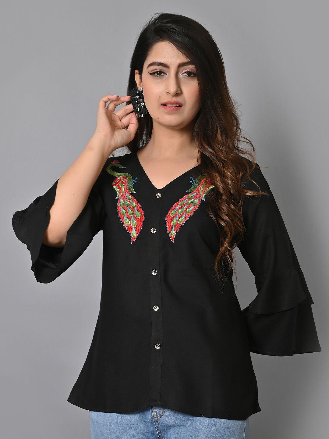 iqraar self design embroidered v-neck bell sleeves shirt style top