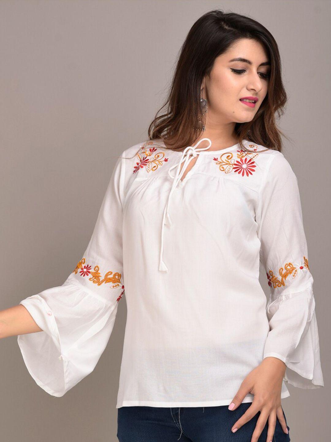 iqraar white floral tie-up neck top