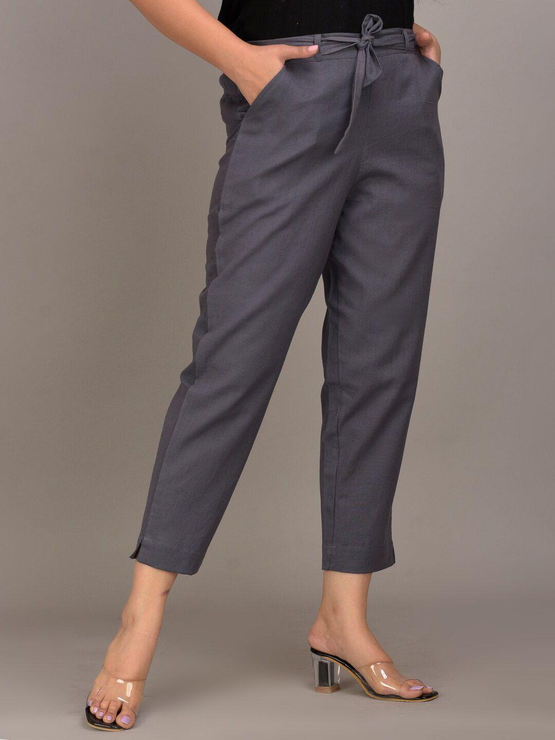 iqraar women grey slim fit trousers