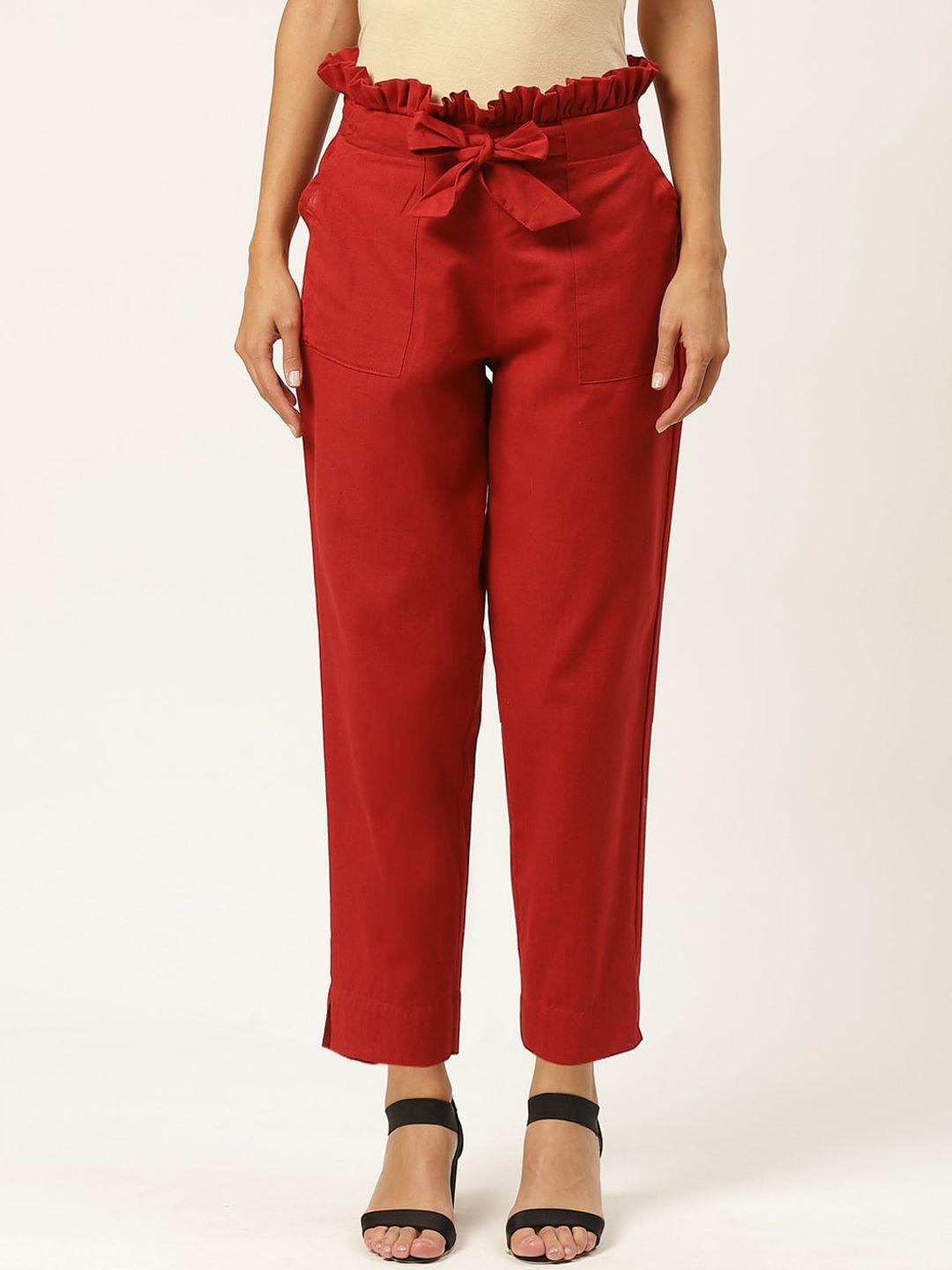 iqraar women maroon slim fit trousers