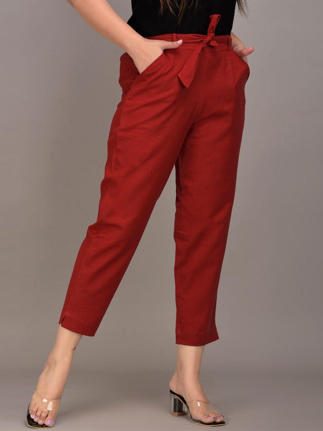 iqraar women maroon slim fit trousers