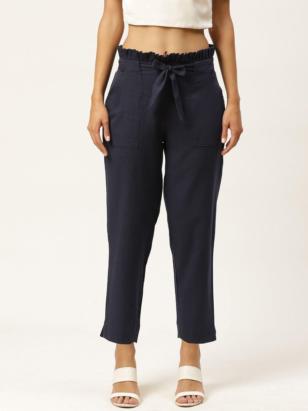 iqraar women navy blue slim fit trousers