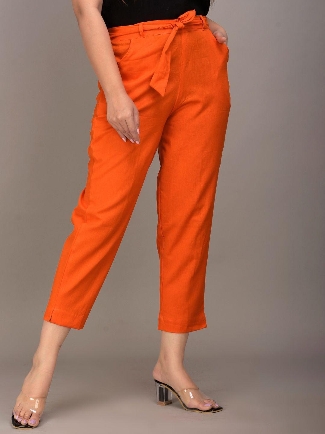 iqraar women orange slim fit trousers