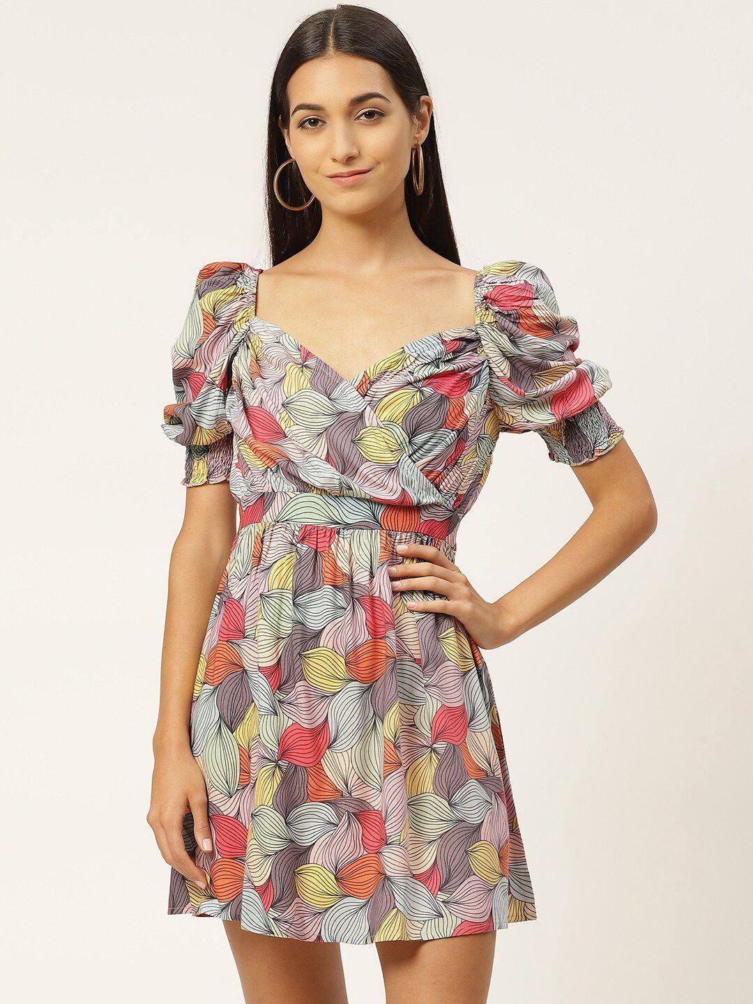 iqraar women pink & grey tropical printed fit & flare dress
