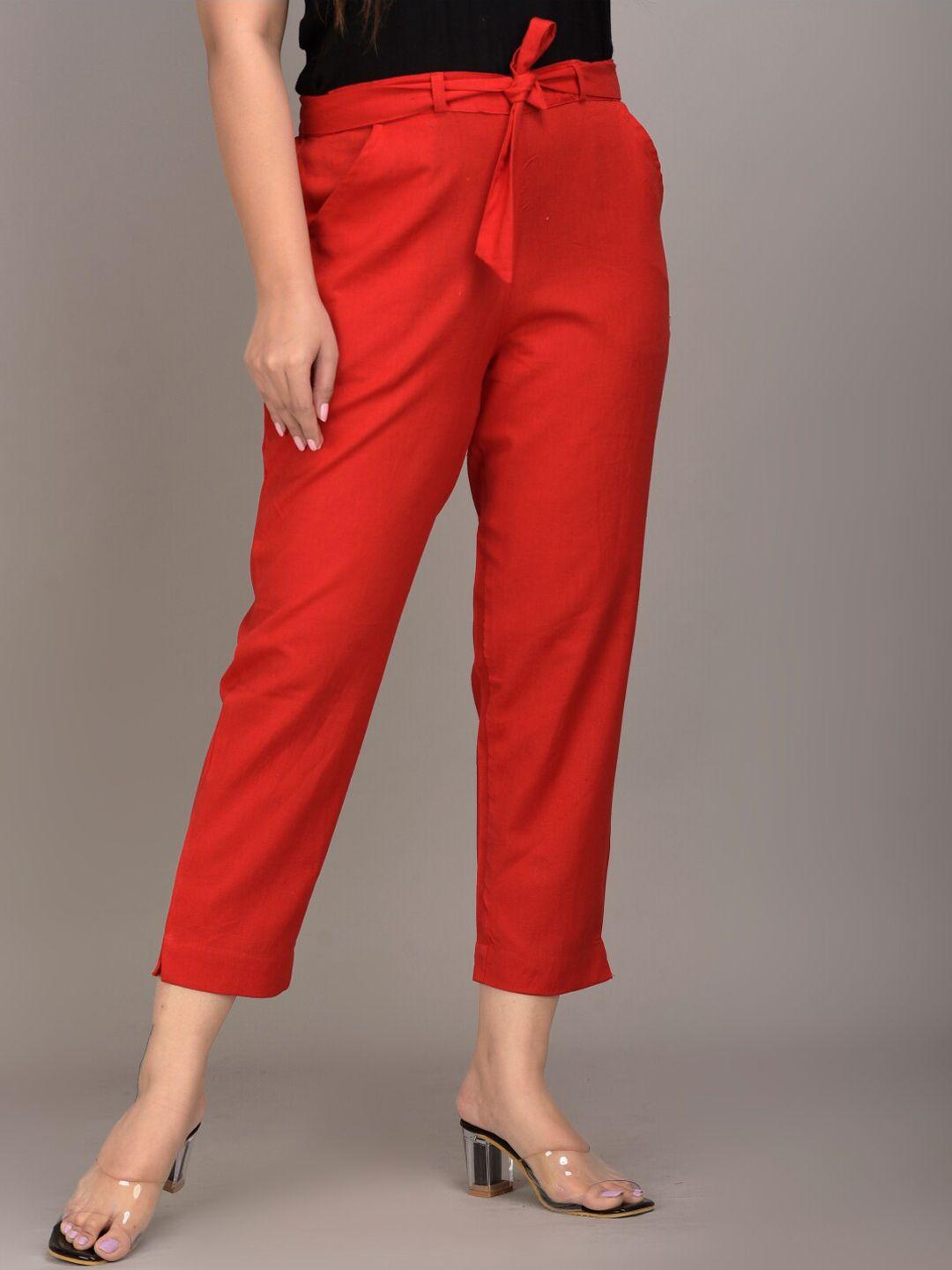 iqraar women red slim fit trousers