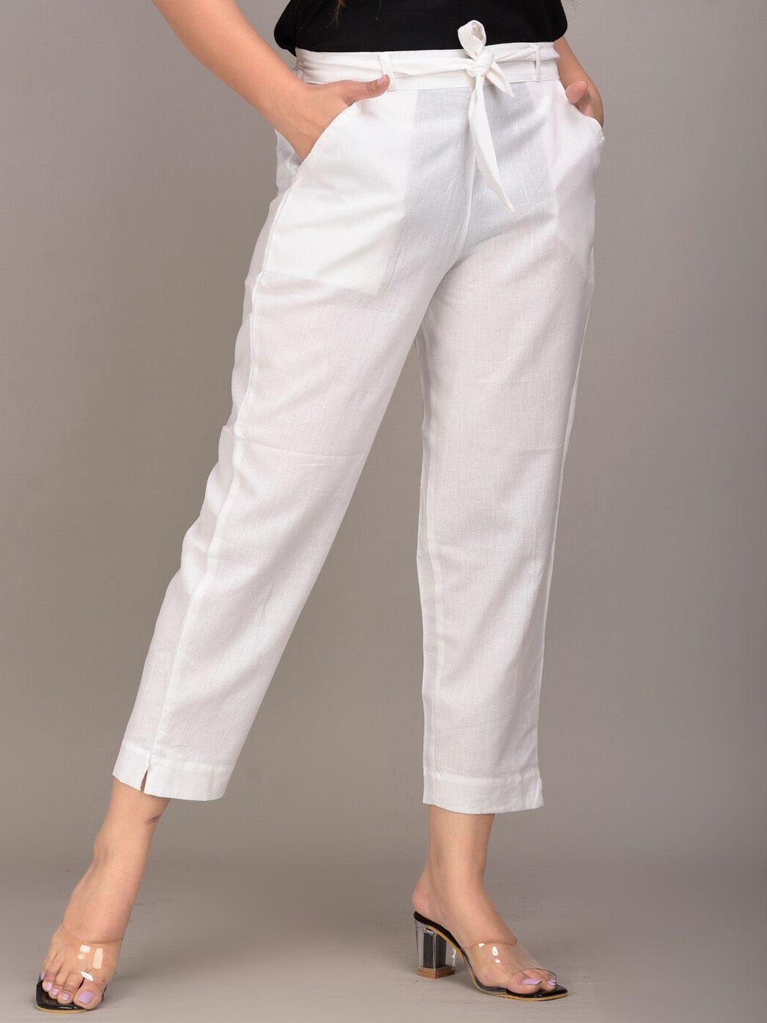 iqraar women white slim fit trousers