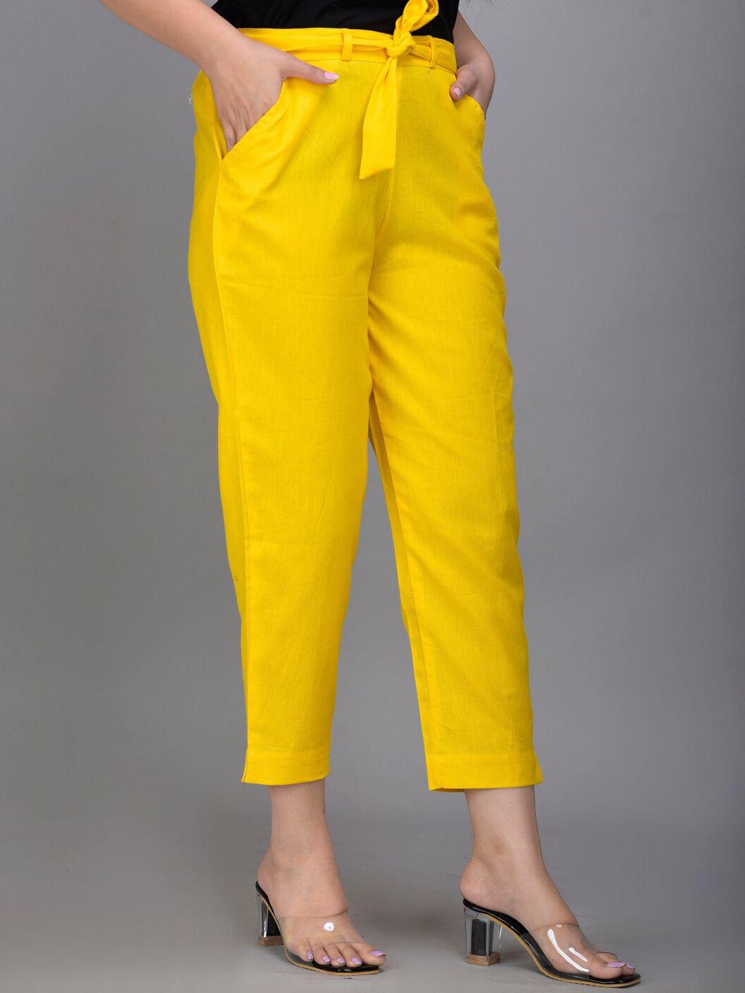 iqraar women yellow slim fit trousers