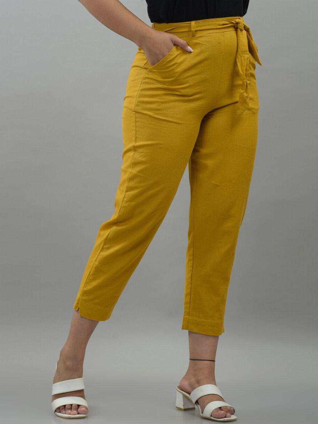 iqraar women yellow slim fit trousers