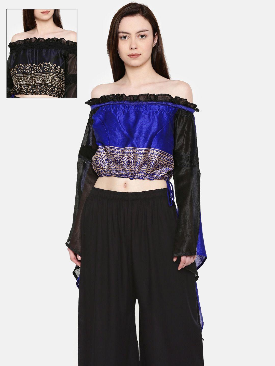 ira soleil women black & blue printed reversible blouson top