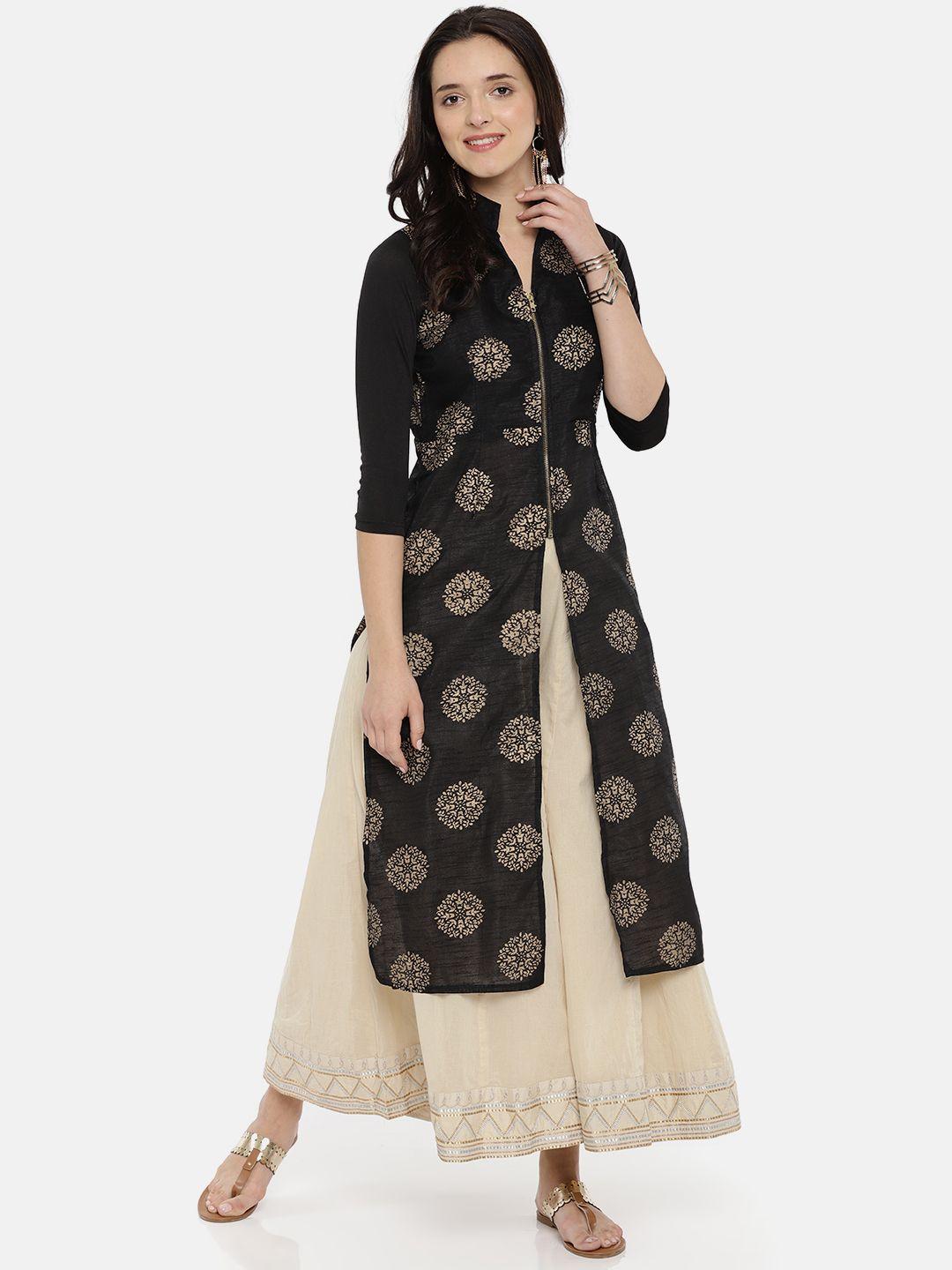 ira soleil women black & golden woven design a-line kurta