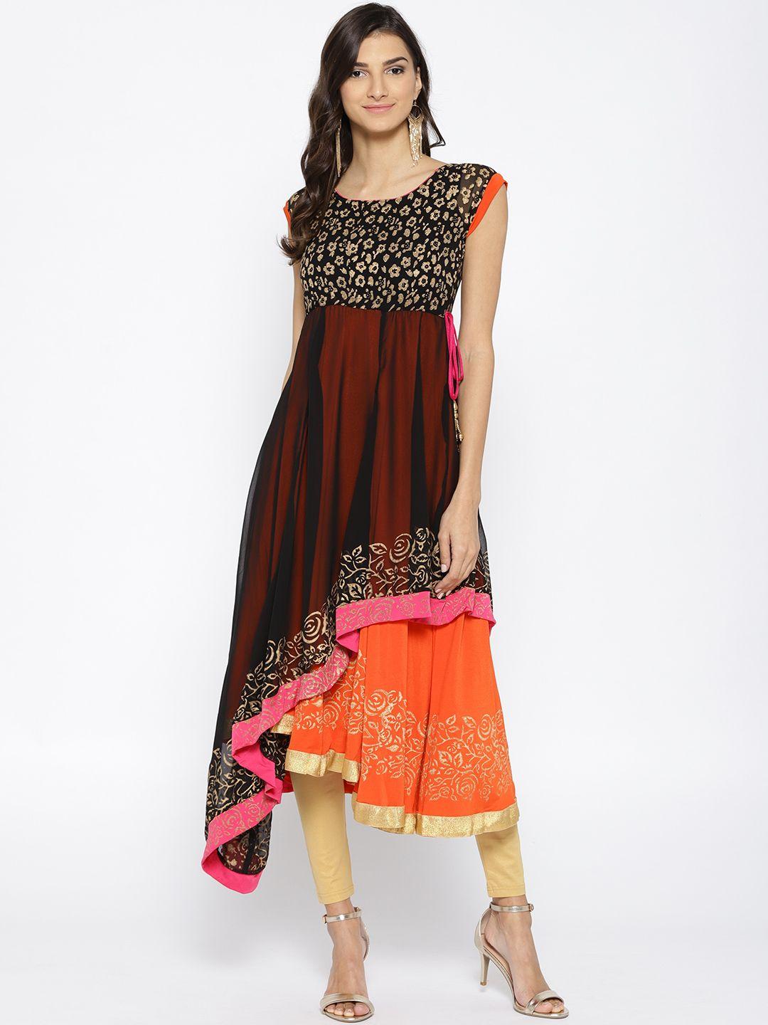 ira soleil women black & orange printed layered asymmetric a-line kurta