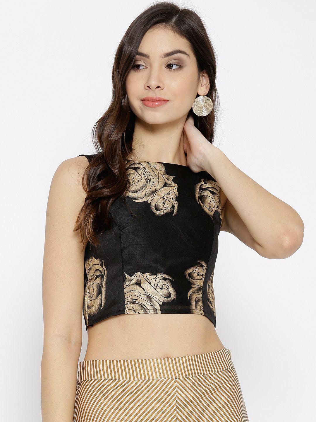 ira soleil women black 7 golden printed crop top