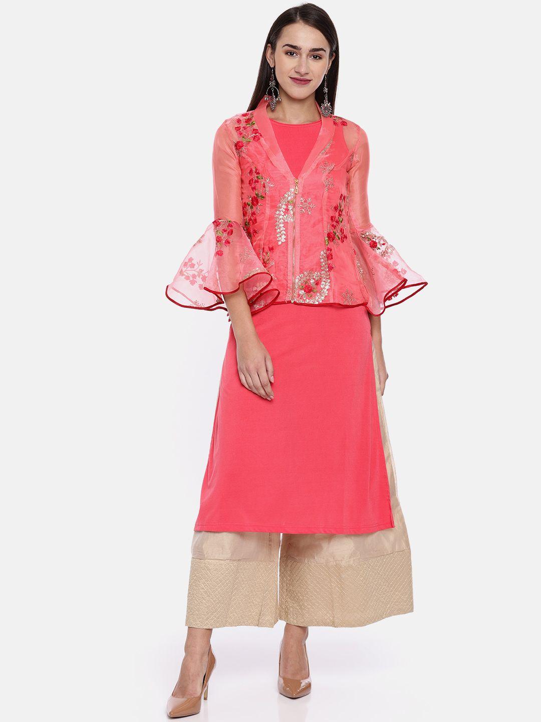 ira soleil women coral pink floral embroidered layered straight kurta