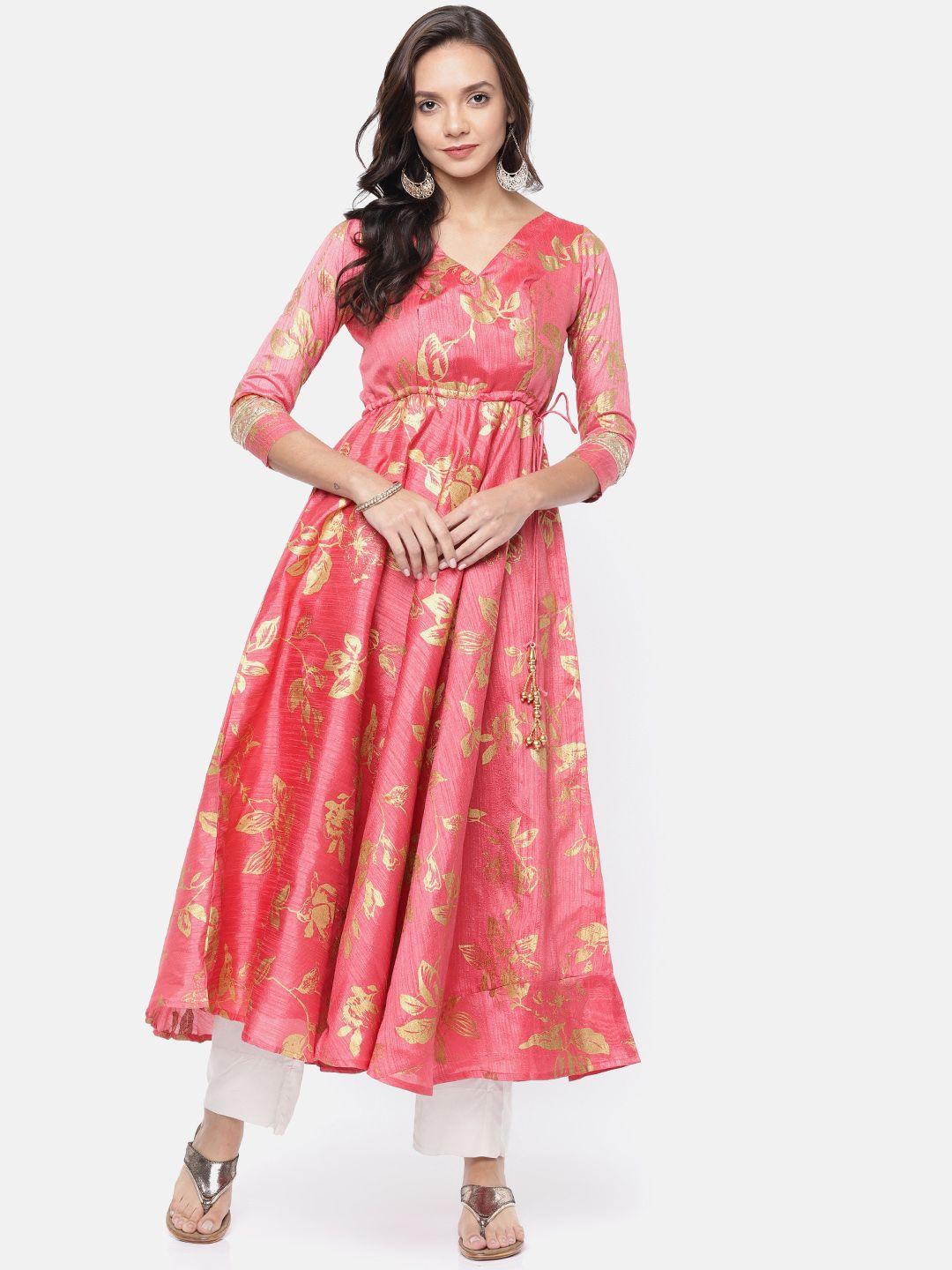 ira soleil women coral pink foil printed anarkali kurta