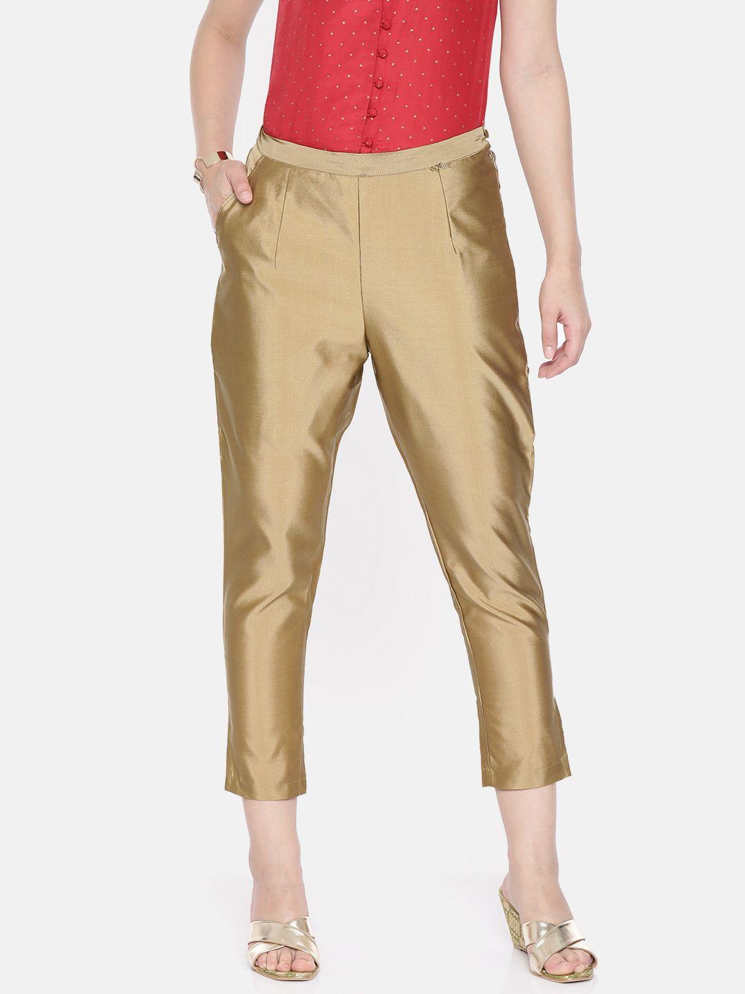ira soleil women gold-toned regular fit solid cropped regular trousers