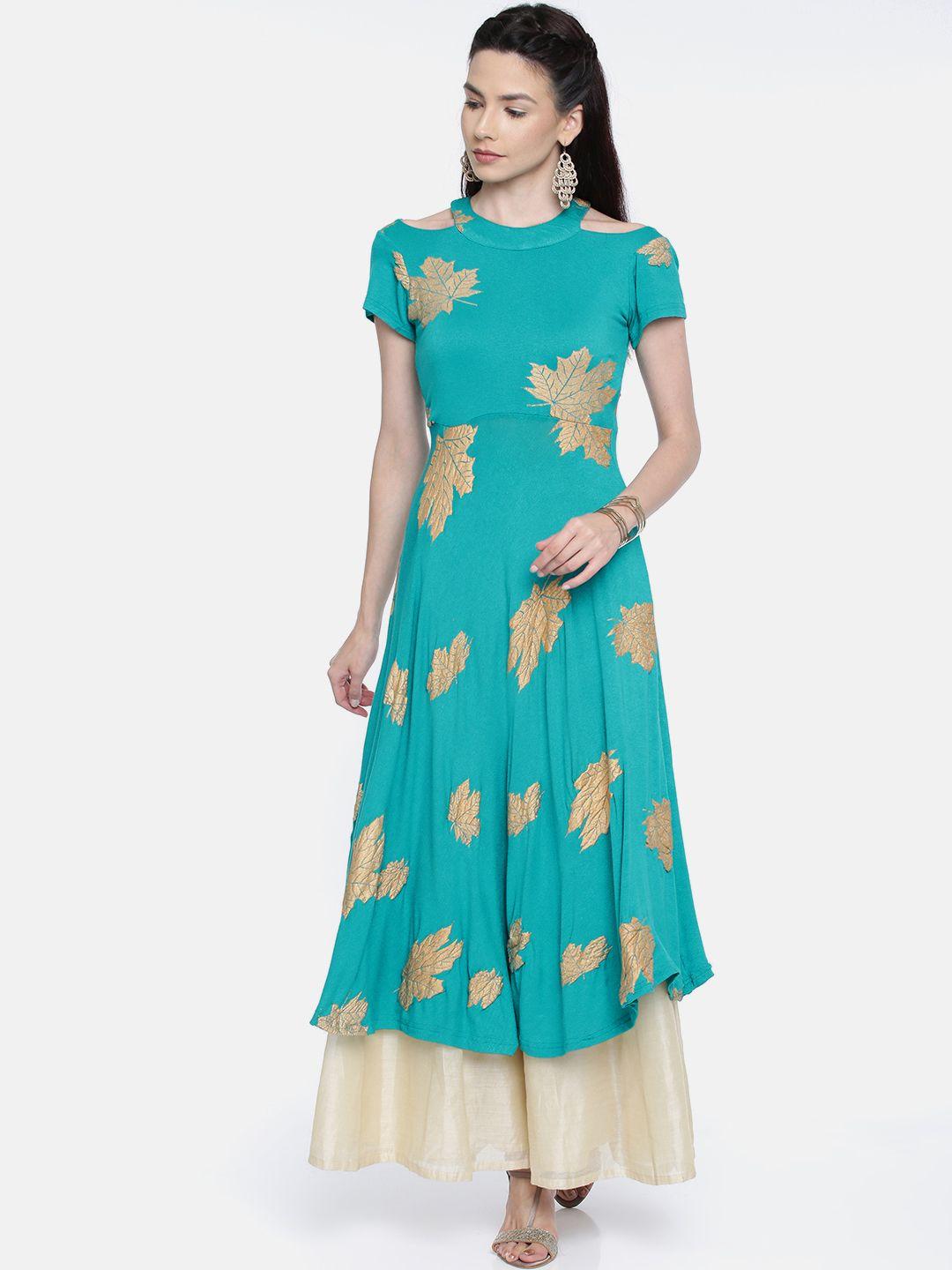 ira soleil women green woven design a-line kurta