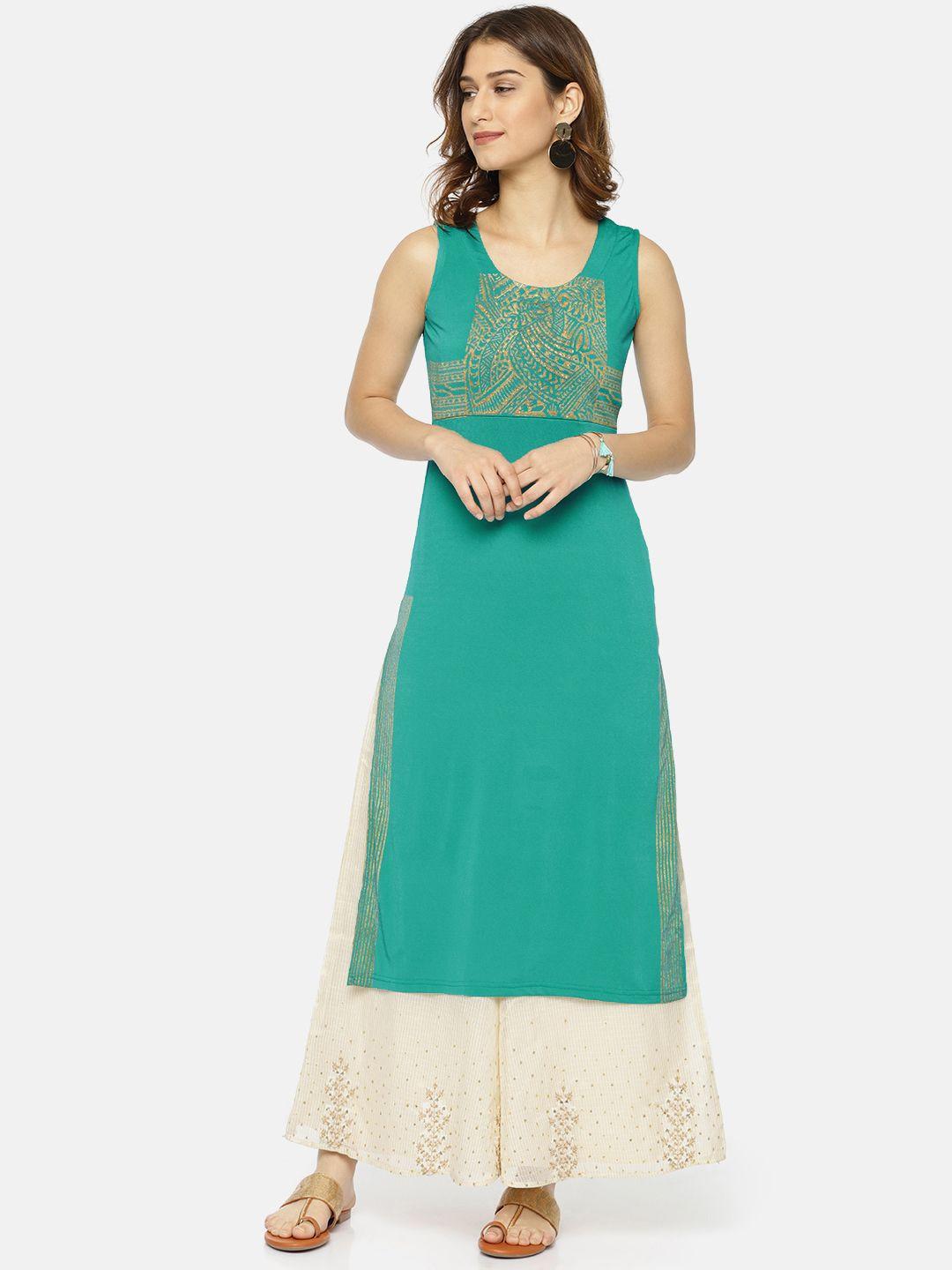 ira soleil women green yoke design straight kurta