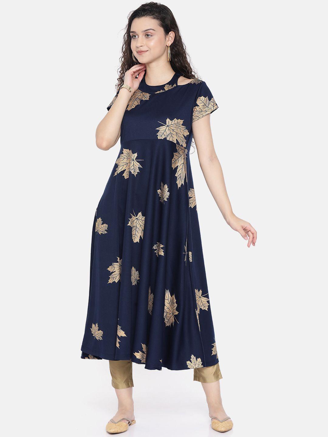 ira soleil women navy blue & golden foil leaf print a-line kurta