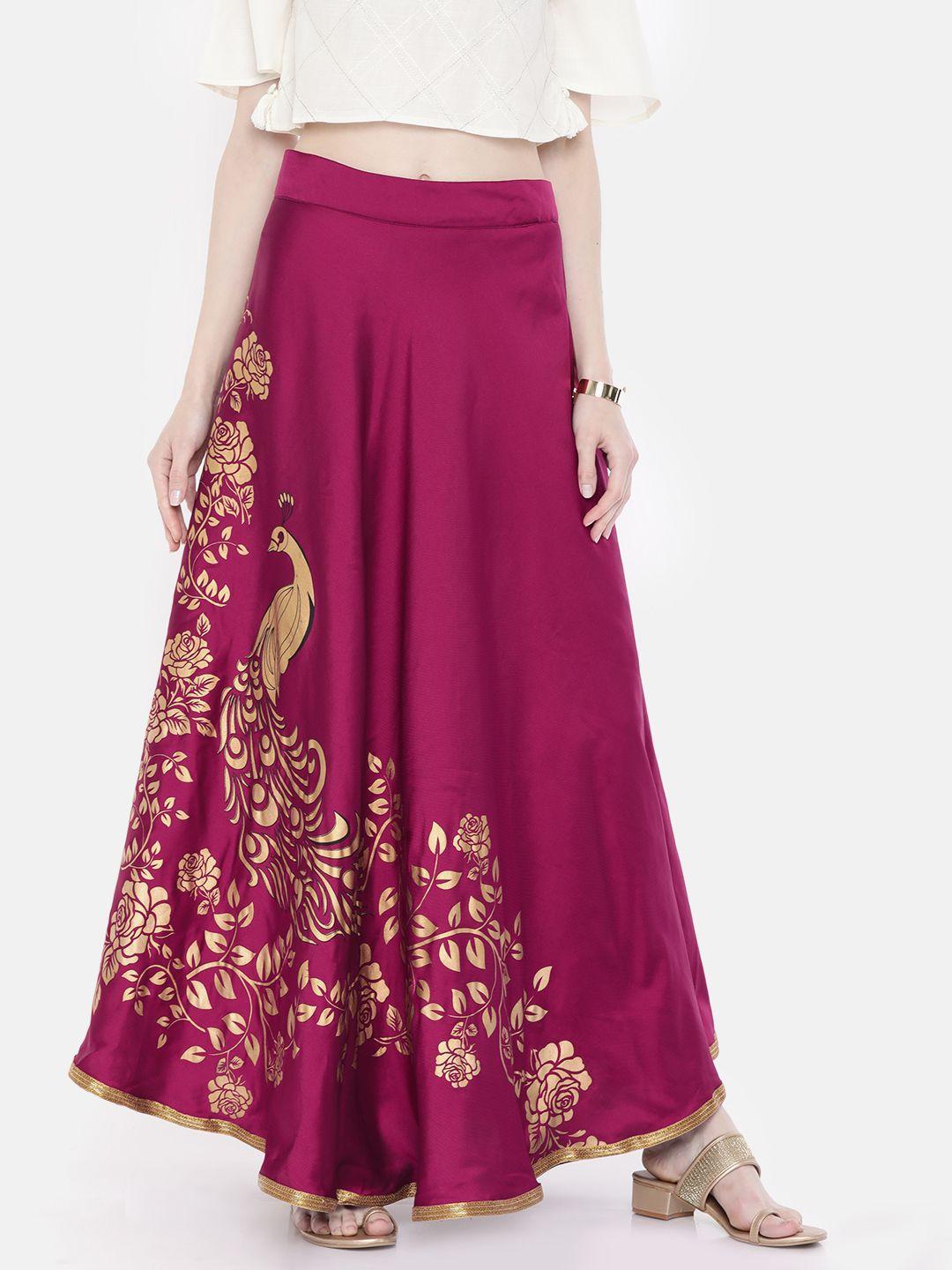 ira soleil women pink & gold-toned foil printed flared maxi skirt