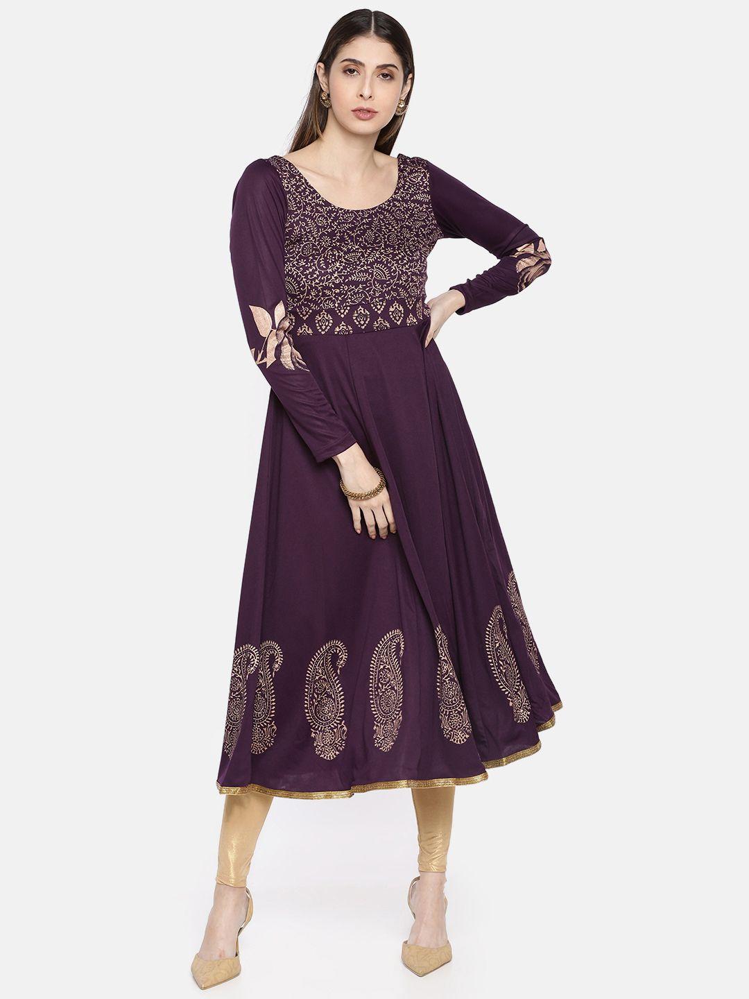 ira soleil women purple printed anarkali kurta