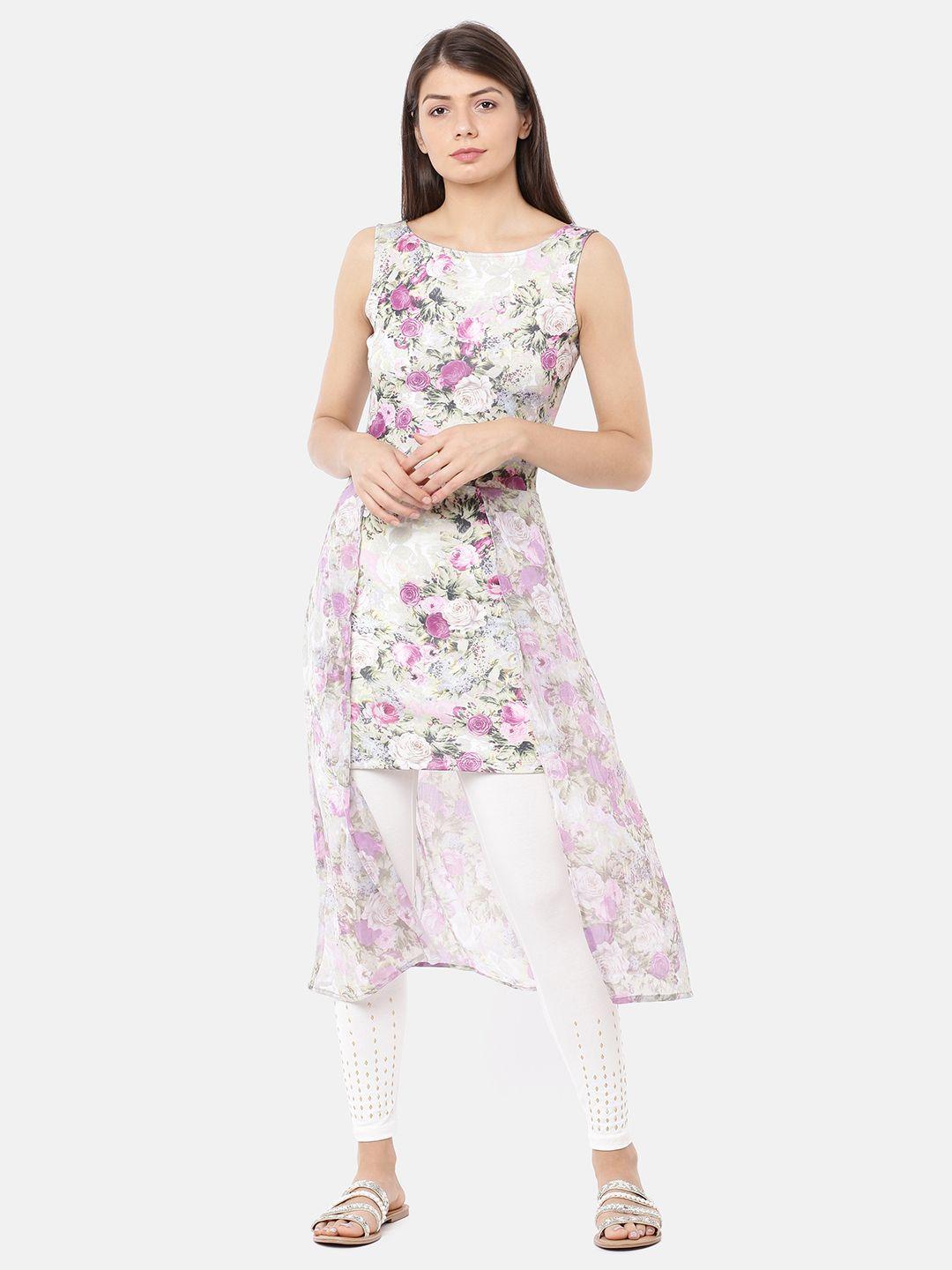 ira soleil women white & purple floral printed kurta