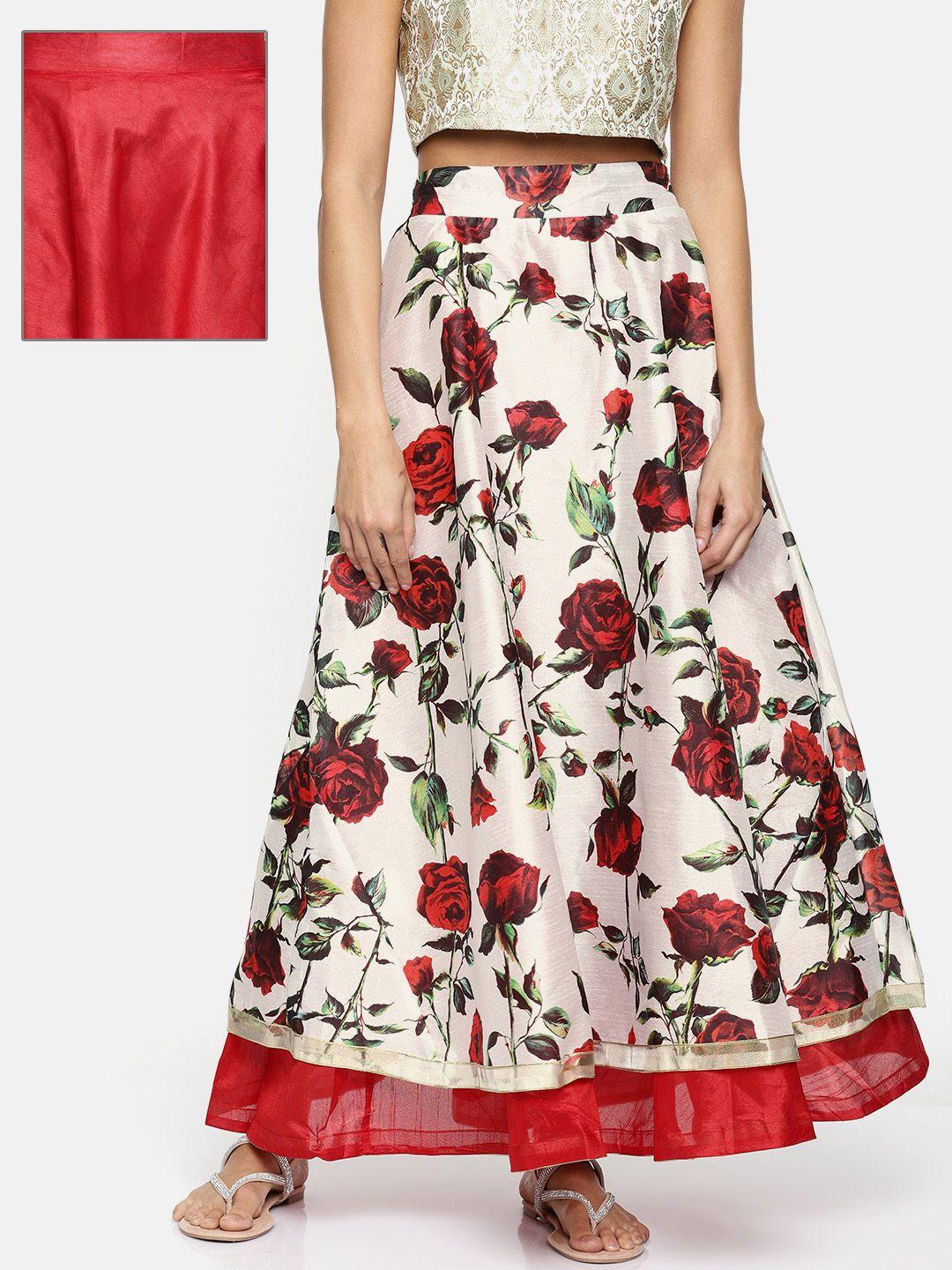ira soleil women white & red printed reversible flared maxi skirt
