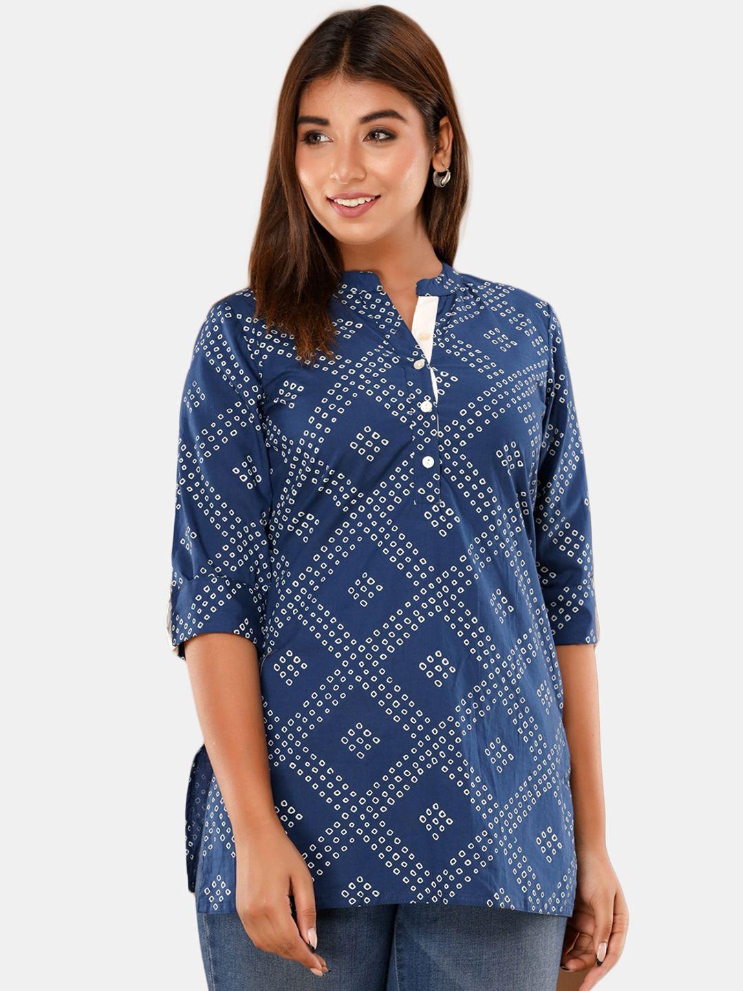 iridaa jaipur blue & white geometric printed pure cotton kurti