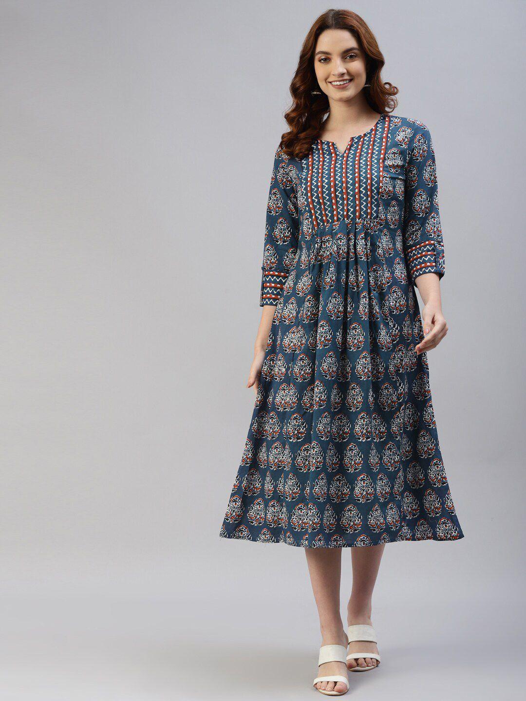 iridaa jaipur blue ethnic motifs a-line midi dress