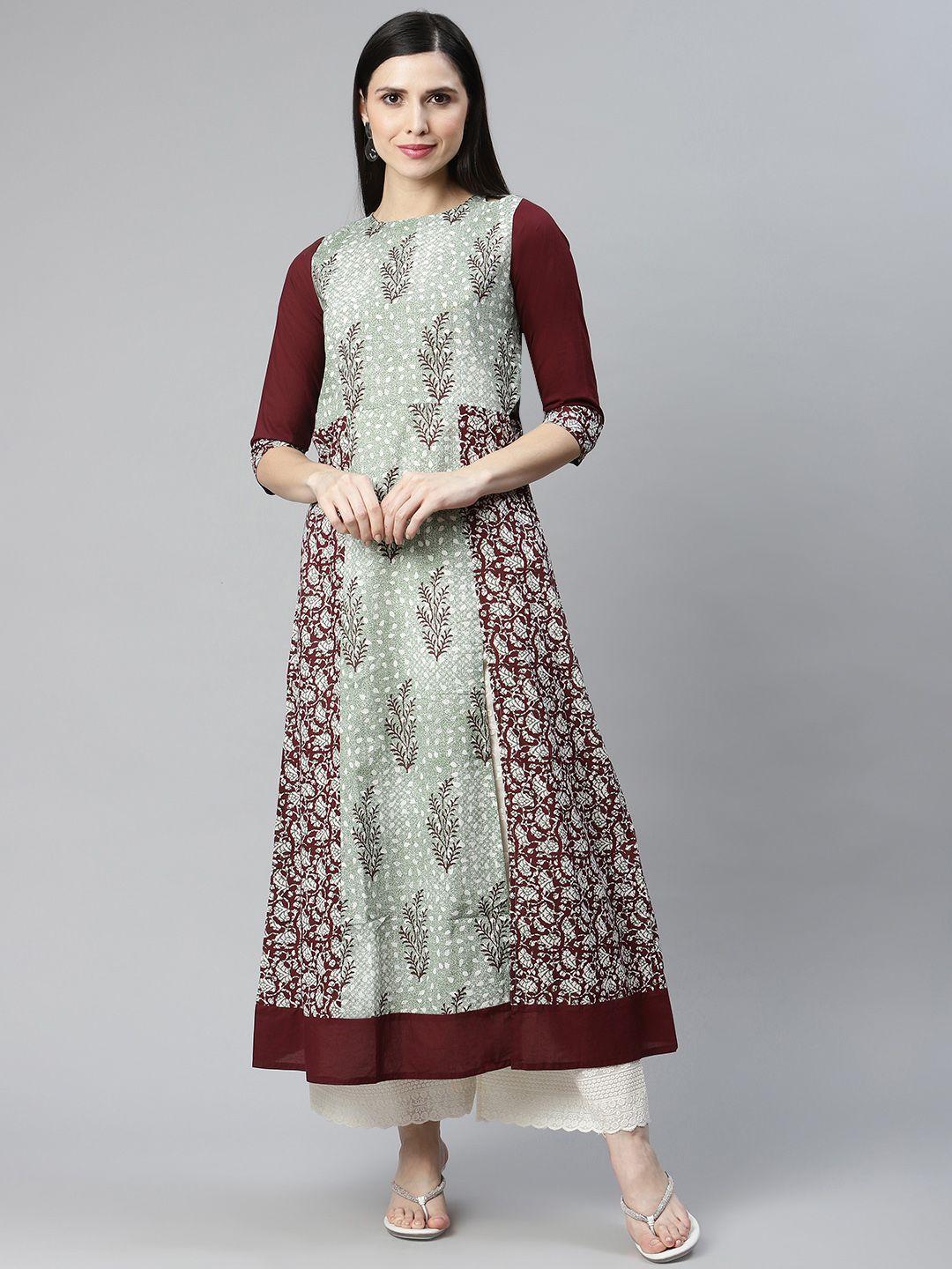 iridaa jaipur maroon & green floral printed floral kurta