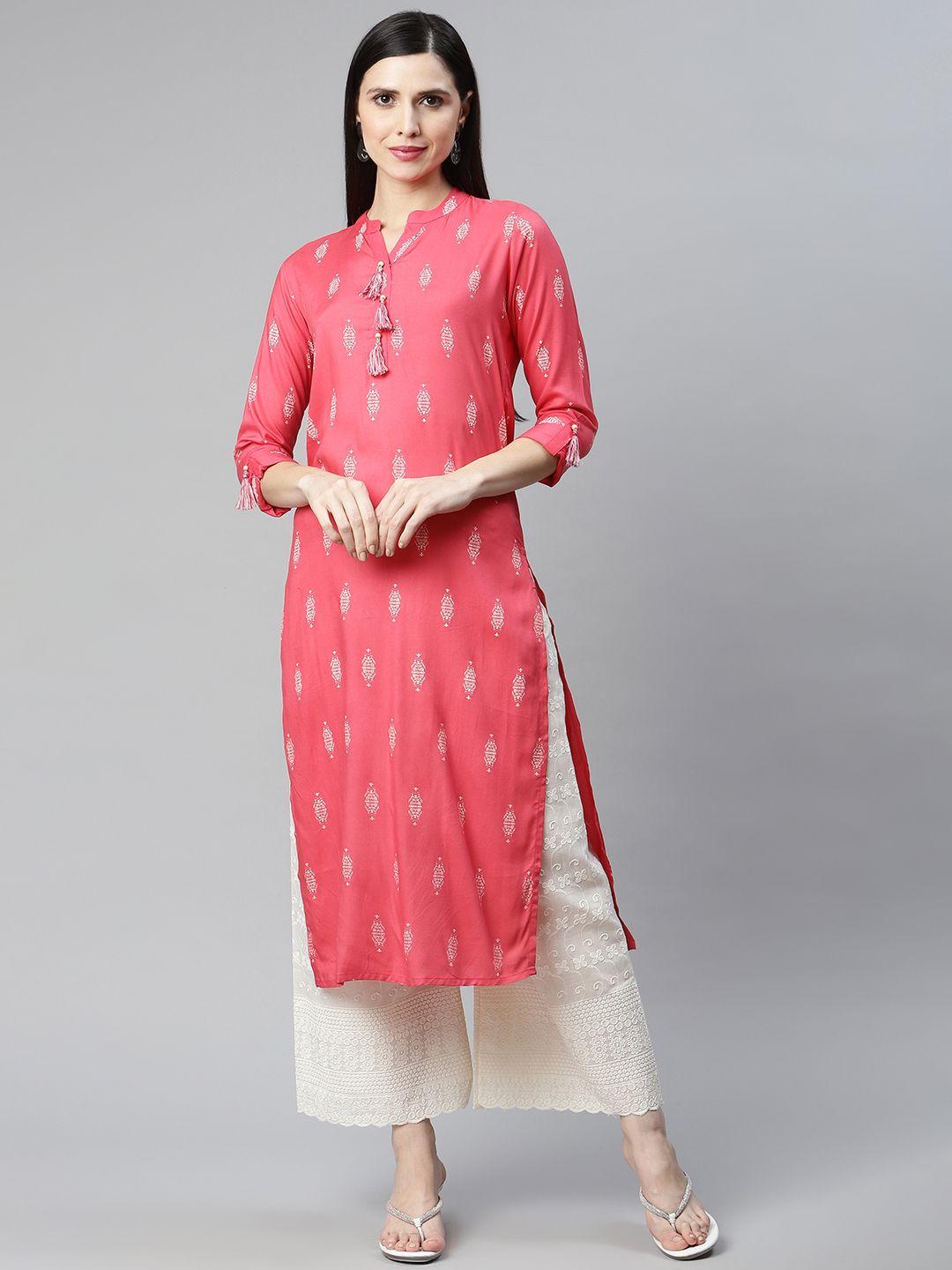 iridaa jaipur pink & white ethnic motifs printed kurta