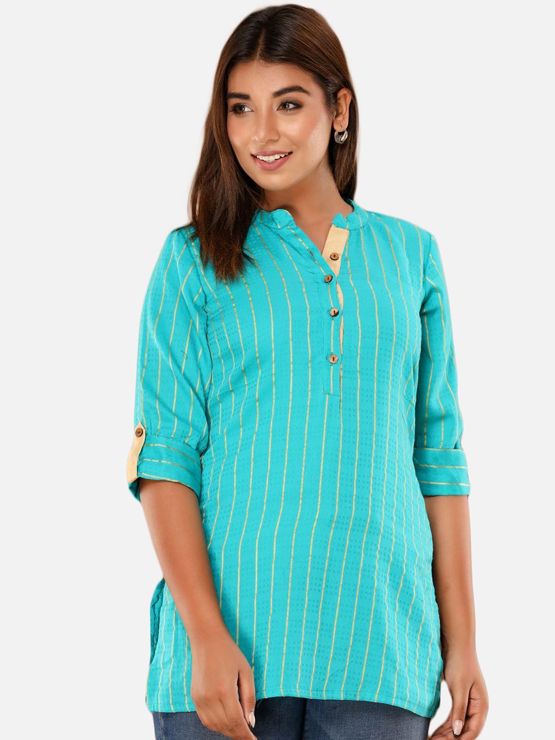iridaa jaipur turquoise blue & yellow striped pure cotton kurti