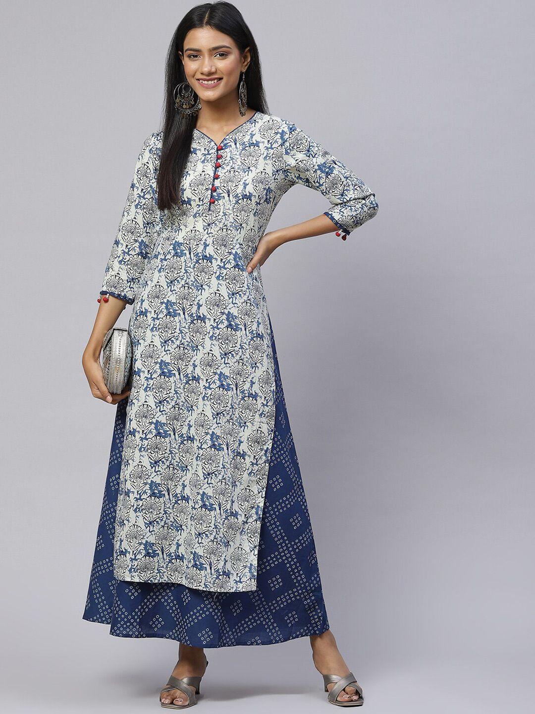 iridaa jaipur white & blue ethnic motifs ethnic maxi dress