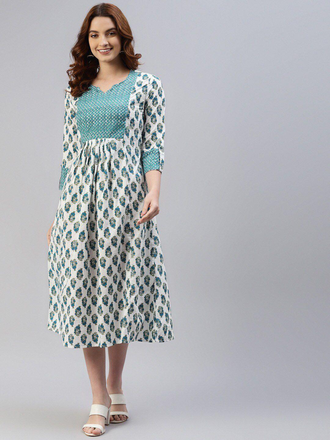 iridaa jaipur white & turquoise blue ethnic motifs ethnic a-line midi cotton dress
