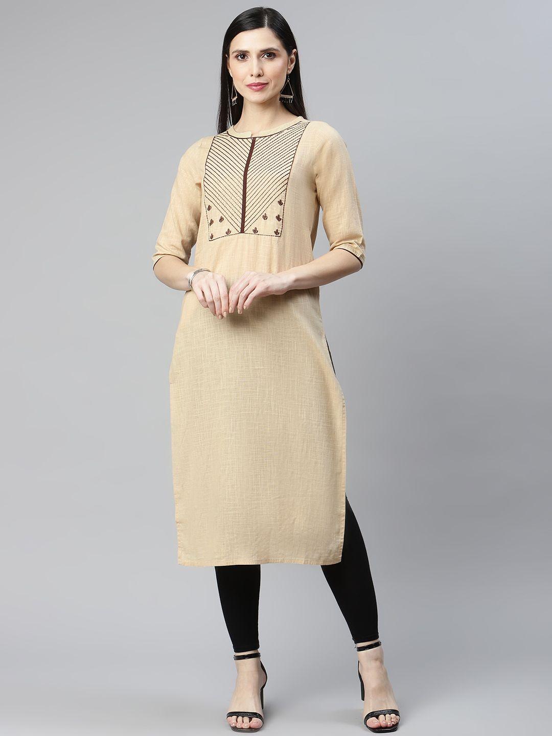 iridaa jaipur women beige & brown yoke design thread work kurta