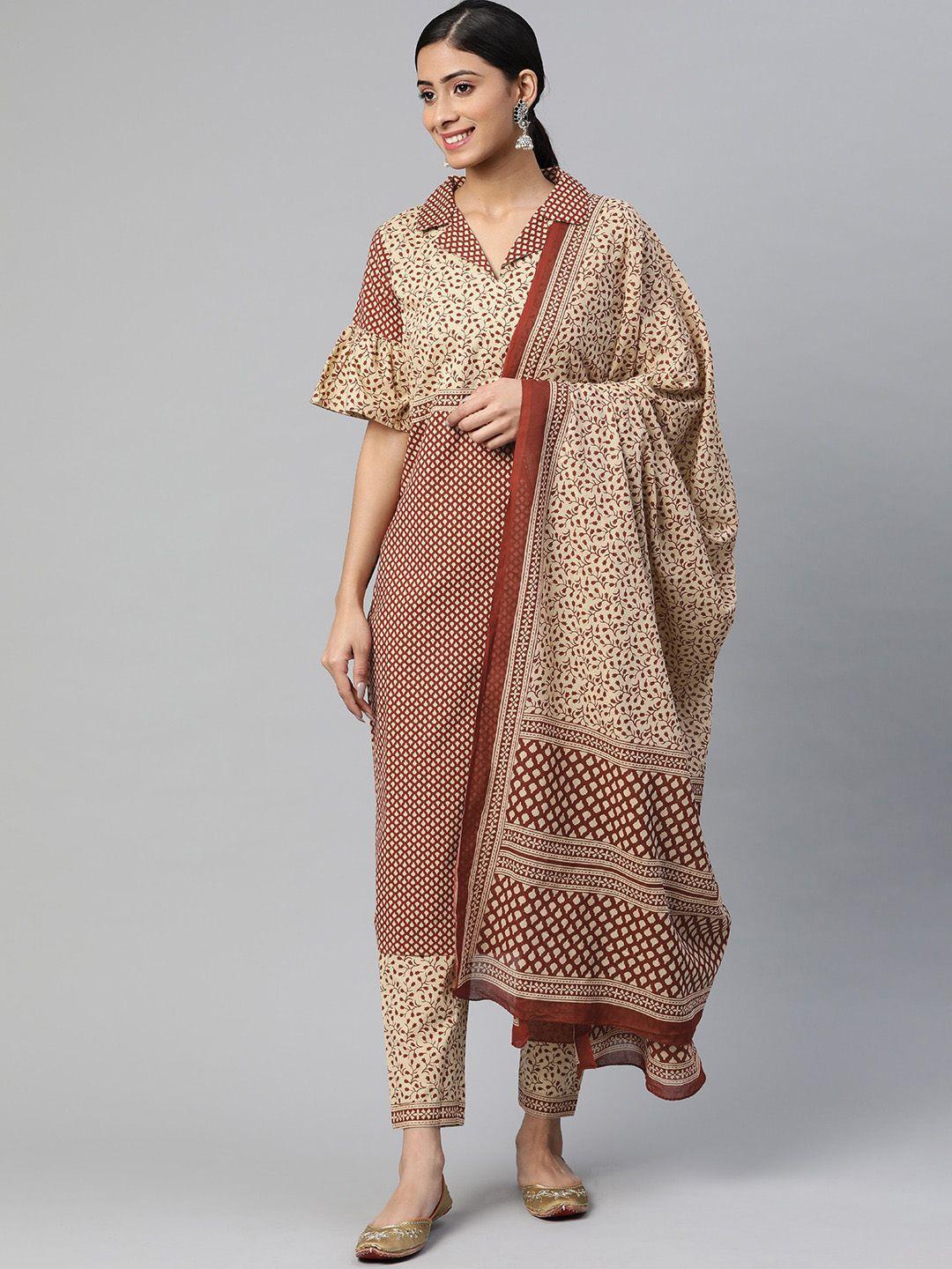 iridaa jaipur women beige floral printed pure cotton kurta with trousers & dupatta