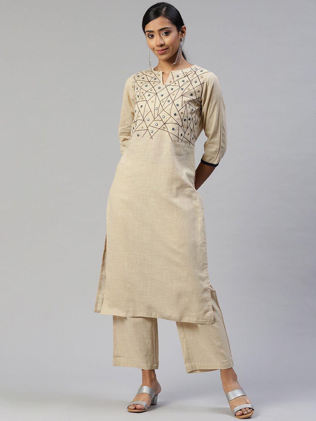 iridaa jaipur women beige yoke design mirror work pure cotton kurta with palazzos